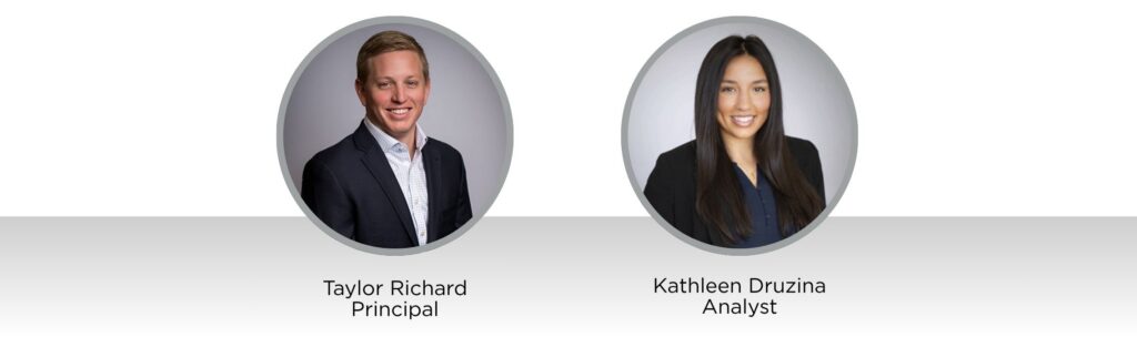 Two professional headshots: on the left, a man in a suit labeled Taylor Richard, Principal; on the right, a woman in a suit labeled Kathleen Druzina, Analyst. Both are against a plain background.